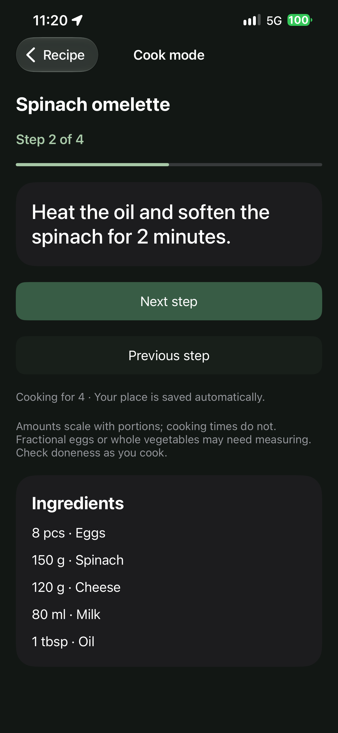 Fornel Cook Mode with step progress, instructions and ingredient quantities.