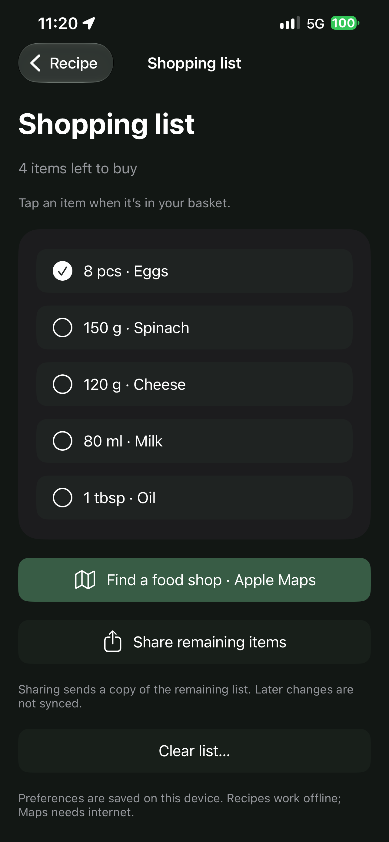Fornel shopping list showing ingredient quantities and a checked-off item.