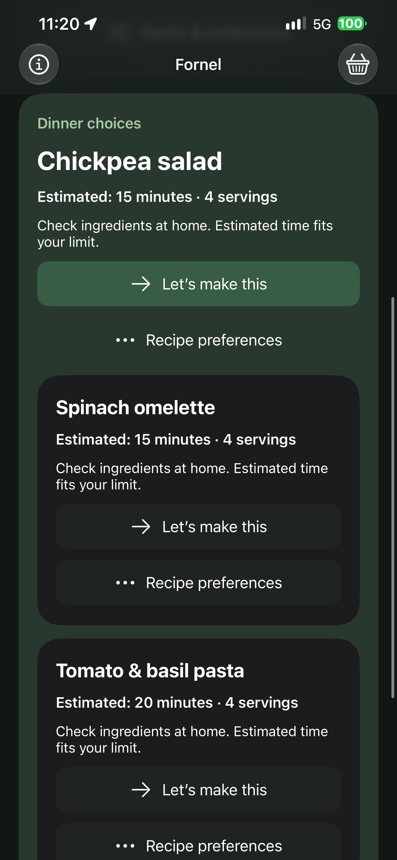 Fornel showing three dinner options, their estimated times and reasons for suggesting them.
